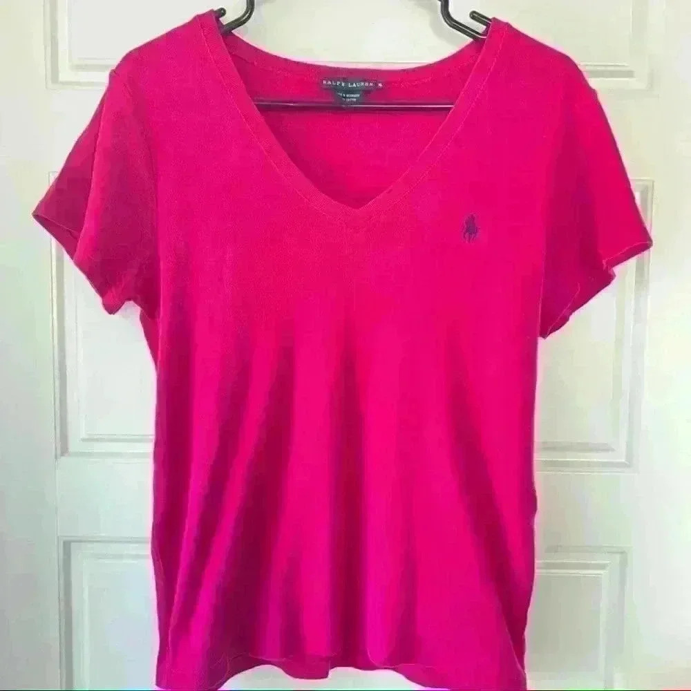 RALPH LAIREN POLO  FUSCHIA V NECK COTTON TSHIRT SIZE XL